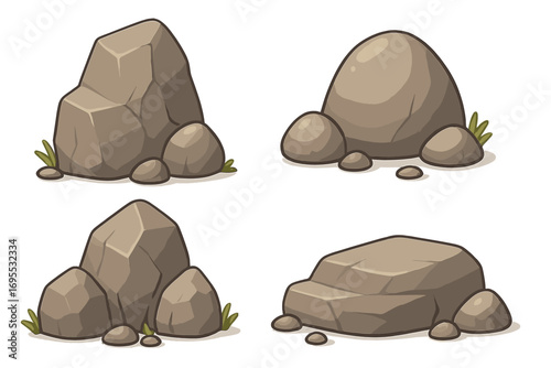 Cartoon rock icon set with various stone shapes, vector illustration of natural rocks and boulders with green grass accents, isolated transparent background, nature elements collection