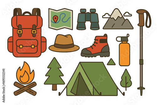 Hiking gear and camping equipment icon set. Vector flat cartoon illustration. Outdoor adventure and travel elements. Backpack, map, tent, bonfire, mountain, boots, pole.