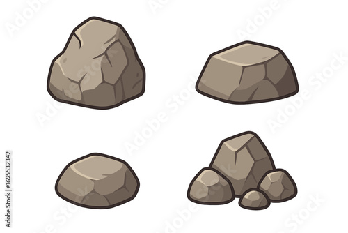 Cartoon style rock icons set, vector illustration of various rocks and stones with transparent background, rocky elements collection for design and decoration