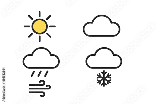 Minimalist weather icons set with sun, cloud, rain, snowflake, wind, thunderstorm symbols, vector cartoon illustration, transparent background, simple meteorology icons collection