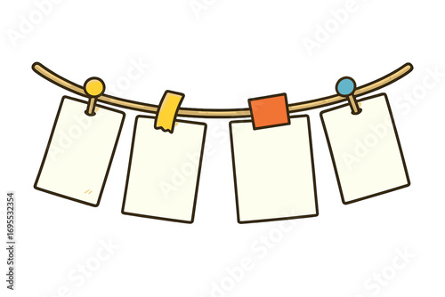 Vector cartoon of blank paper notes on a string. Reminder memo cards hanging on a clothesline with pins and tape. Empty placeholders for text, message, or photos. Isolated set.