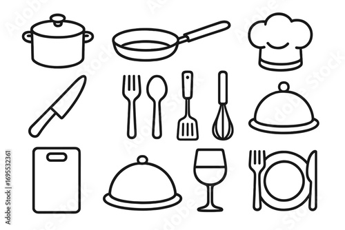Cooking icon set. Kitchen utensils and restaurant line art symbols. Vector collection of cookware, cutlery, chef hat and dining elements for culinary design and food logo.