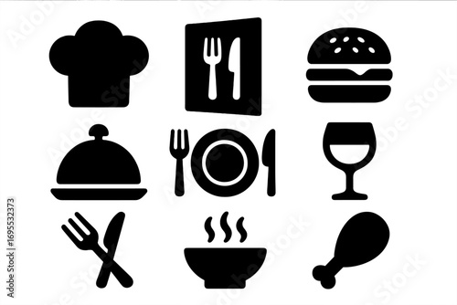 Restaurant icon set vector glyphs for food, drink and dining. Chef hat, menu, burger, soup, wine glass, cutlery symbols for cafe, bistro and cookery design elements.