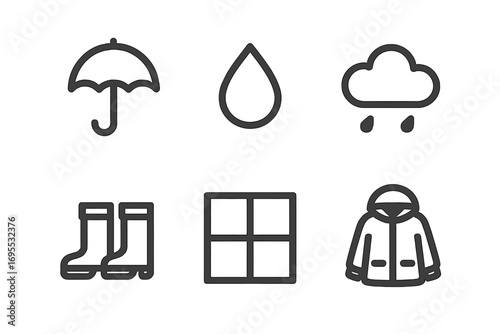 Minimalist weather icons set with umbrella, raindrop, cloud with rain, rain boots, windowpane, and rain jacket vector illustrations, simple black outline design for weather apps and forecasts
