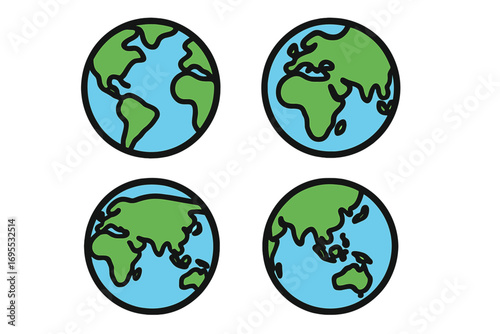 Set of flat style globe Earth icons, vector cartoon illustration, green continents and blue oceans on white background, transparent vector set of world maps, Earth icons collection