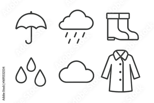 Minimalist weather icons set with umbrella, rain, boots, coat, water drops, and cloud symbols, vector cartoon illustration, transparent background, ordered design elements