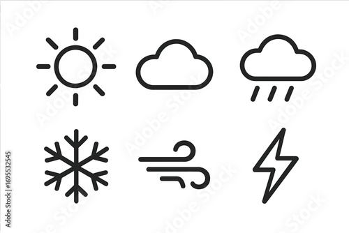 Minimalist weather icons set with sun, cloud, rain, snowflake, wind, lightning symbols, simple outline vector illustration, transparent background, modern weather forecast graphics