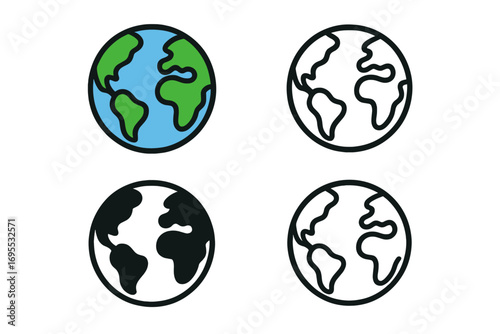 Set of Earth globe icons in flat and linear style on white background, vector cartoon illustration, transparent background, world map symbols collection, global concept elements
