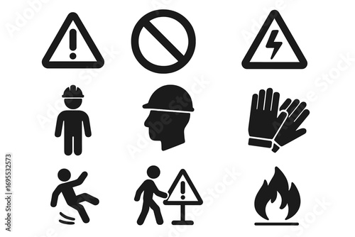 Safety and caution icons set. Silhouette warning, accident prevention symbols. Vector illustration for construction workplace safety. Hazard sign for fire, electricity, fall risk.