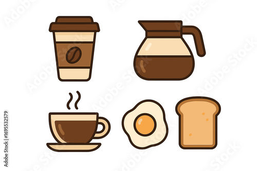 Modern coffee icon set featuring breakfast essentials including coffee cup, coffee pot, fried egg, and toast, minimalist style vector cartoon illustration, transparent background