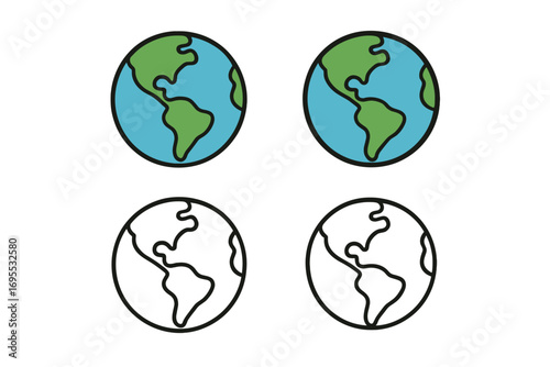 Set of Earth globe icons in flat and linear vector design, cartoon-style planet earth symbols, colorful and outline versions, transparent background, global world map illustration