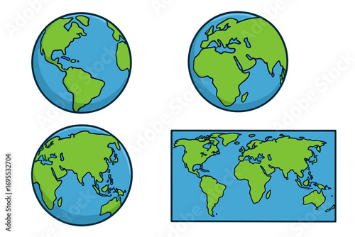 Vector set of cartoon globes showing different continents and world map. Planet Earth icon collection with views of America, Europe, Asia. Global travel and geography concept.