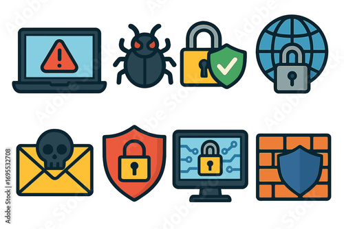 Cybersecurity icon set for data protection and threat prevention. Vector cartoon illustration of virus, malware, bug, firewall, phishing, and internet security concepts.