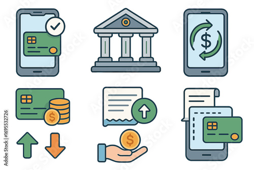 Financial icons set for digital banking and mobile payments. Vector illustration of money transfer, credit card transaction, savings, online shopping and bill payment concepts.