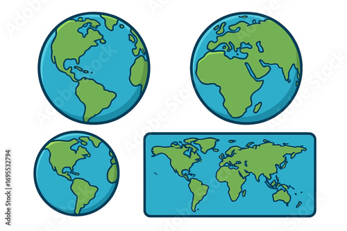 Planet Earth globes and world map vector icon set. Cartoon illustration of continents for global travel, international business, or geography education. Flat design collection.