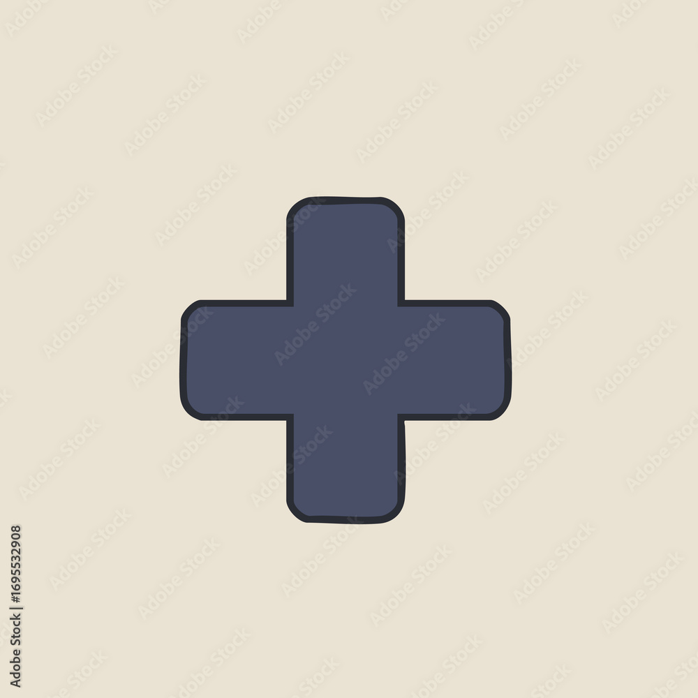Fototapeta premium A simple, dark blue plus sign with rounded corners on a light beige background.