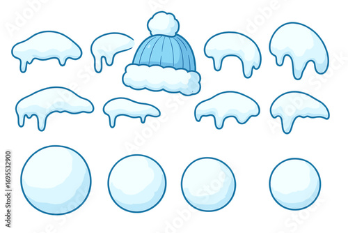 Snow cap and snowball collection. Winter decoration set. Cartoon vector illustration of snowcaps, snowballs and a winter hat. Isolated graphic design elements for Christmas.