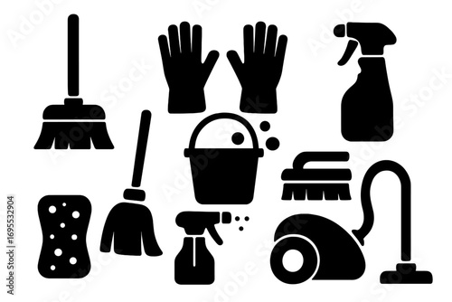 Silhouette set of cleaning tools icons for household chores. Vector cartoon illustration with broom, gloves, spray bottles, bucket, sponge, scrub brush, vacuum cleaner, cleaning equipment collection
