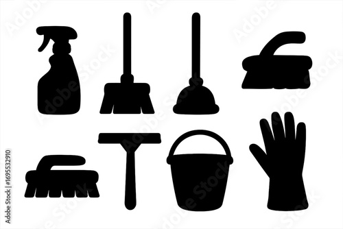 Silhouette set of cleaning tools icons for household chores, vector cartoon illustration with transparent background, broom, mop, plunger, scrubbing brush, spray bottle, bucket, glove, and squeegee
