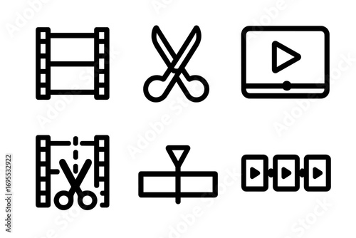 Film editing icons set. Video production line art symbols. Minimalist vector illustration for movie post production. Cinema cut, play button, timeline, filmstrip, scissors.
