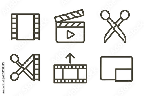 Film editing icons set. Minimalist line art vector symbols for video post-production. Clapperboard, filmstrip, cut, splice, upload, and layer pictogram for media project.