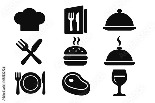 Restaurant icons set with chef hat, menu, cutlery, burger, steak, cloche serving dish, wine glass, and plate silhouette, black vector illustration for food and dining design