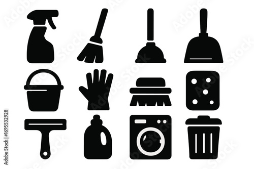 Silhouette set of essential cleaning tools icons for household chores, vector cartoon illustration with transparent background, ordered set of home cleaning equipment