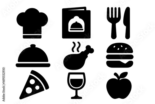 Black silhouette restaurant icon set with chef hat, menu, cloche, cutlery, pizza slice, chicken drumstick, wine glass, burger, apple, food and dining symbols vector illustration