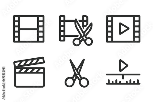 Vector icon set for film editing & video making. Minimalist line symbols for creative media. Includes clapperboard, scissors, timeline, filmstrip. Post-production concept.