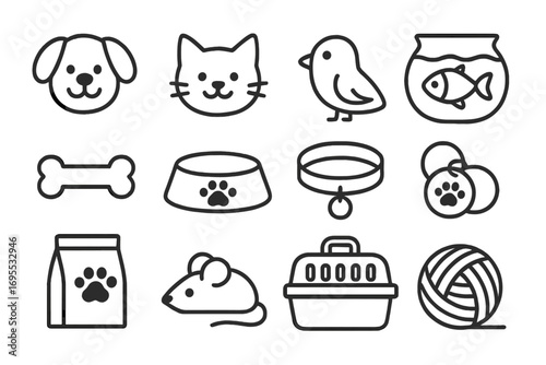 Simple outline icons of pets and accessories, vector cartoon illustration, dog, cat, bird, fish, pet bone, food bowl, collar, tags, food bag, mouse toy, carrier, yarn ball, transparent background