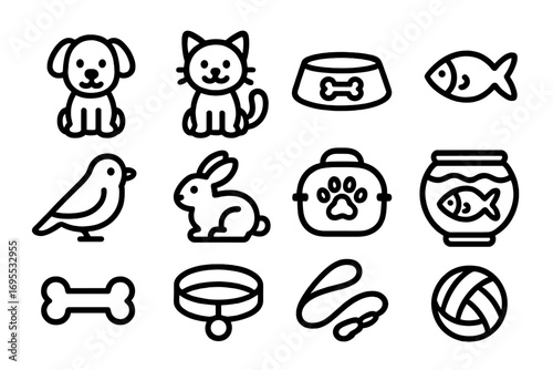 Simple outline icons of pets and accessories, vector cartoon illustration set with dog, cat, rabbit, bird, fish, pet bowl, bone, collar, leash, fishbowl, and ball, transparent background