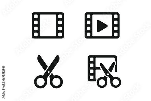 Film editing and video production icon set. Minimalist vector symbols for cutting, playing, and creating movies. Media, cinema, and post-production concept illustration.