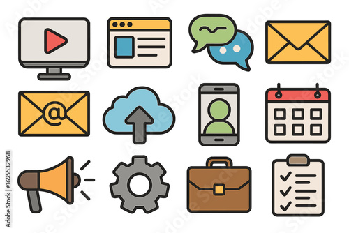 Icon set for business, communication, and digital marketing. Vector collection of modern online activity symbols like email, chat, cloud, video, calendar, and organization tools.