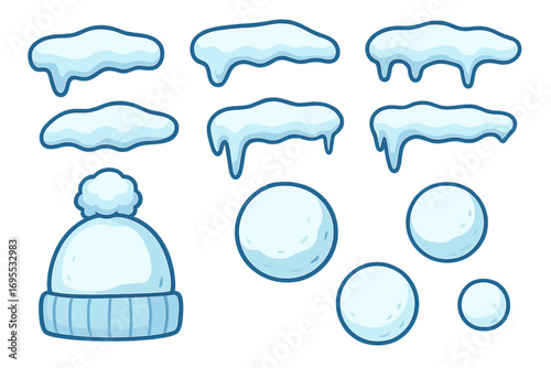 Cartoon snow caps, snowballs, and winter hat set. Vector collection of isolated winter decoration elements. Blue beanie, snow piles, and snowballs for cold weather design.