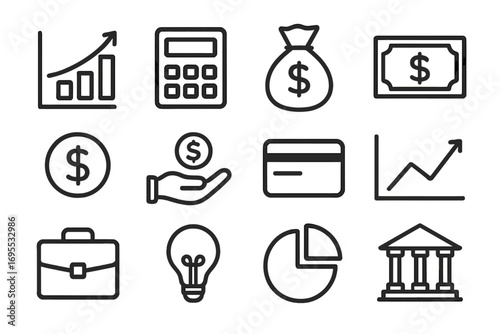 Finance icons set. Business and money symbols. Vector line art collection. Growth chart, bank, payment, investment, idea lightbulb, calculator and briefcase signs.