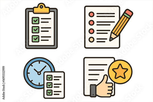 Business icon set for task management, survey, and evaluation. Vector concepts for checklist, exam, feedback, and quality control. Clipboard, test, and rating symbols.
