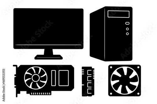 Silhouette computer components set with monitor, tower, graphics card, RAM, and cooling fan. Vector cartoon illustration of tech hardware with transparent background, ordered collection.
