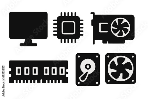Silhouette computer hardware icons set with monitor, CPU chip, graphics card, RAM module, hard drive, SSD, cooling fan, black vector cartoon illustration collection for tech design