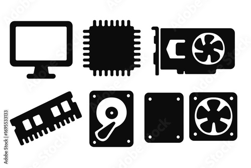 Silhouette computer hardware icons set with monitor, CPU, graphics card, RAM, hard drive, SSD, cooling fan vector illustration, technology components, PC parts, digital devices