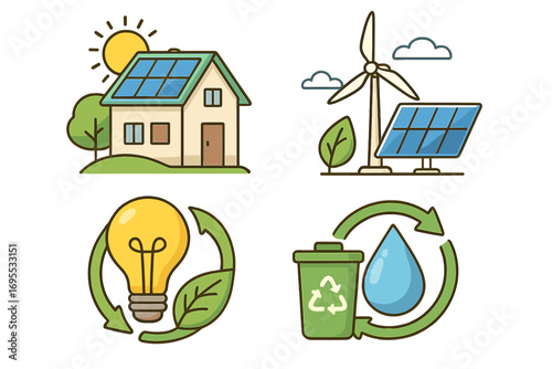 Renewable energy icon set. Eco friendly concept. Sustainable power source. Solar panel on house, wind turbine, green lightbulb idea, water recycling vector illustration.