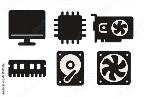 Silhouette computer hardware icons set with monitor, CPU, graphics card, RAM, hard drive, SSD, and fan, vector cartoon illustration, transparent background, ordered collection