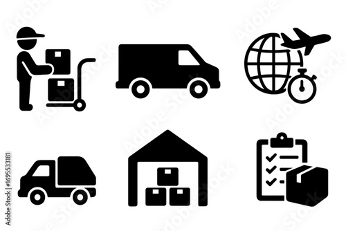 Silhouette icons for transport and delivery services with logistic elements, van, truck, warehouse, package handling, global shipping, and inventory checklist flat vector cartoon illustration