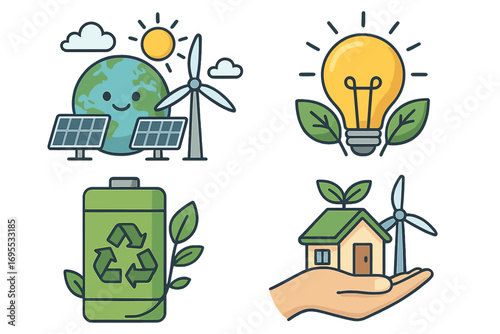 Green energy icon set with solar panels, wind turbine, earth, and recyclable battery. Sustainable power and eco friendly home concept. Vector cartoon illustration for ecology.