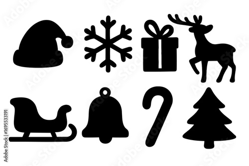 Silhouette Christmas icons set including festive hat, snowflake, gift box, reindeer, sleigh, bell, candy cane, and pine tree, vector holiday symbols with transparent background