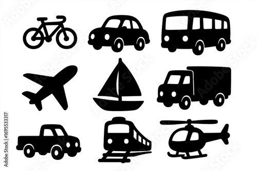 Silhouette icons of multiple transportation modes vector cartoon set with transparent background including bicycle, car, bus, airplane, sailboat, truck, pickup, train, helicopter illustration