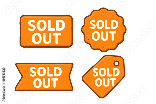 Sold Out badges set, orange sale stickers, vector cartoon illustrations with transparent background, retail sold out labels, marketing promotion tags, multiple shapes