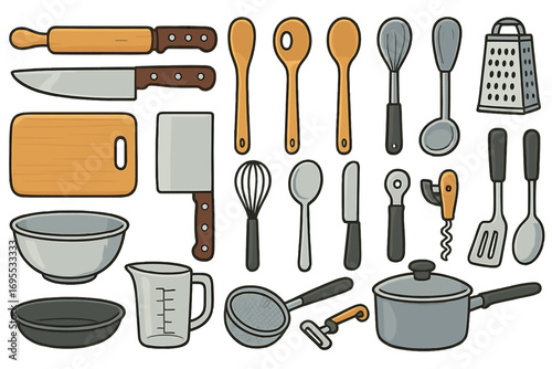 Vector collection of kitchen utensils and cooking tools. Culinary equipment set with knife, pot, pan, and whisk for food preparation. Flat cartoon illustration icons on white.