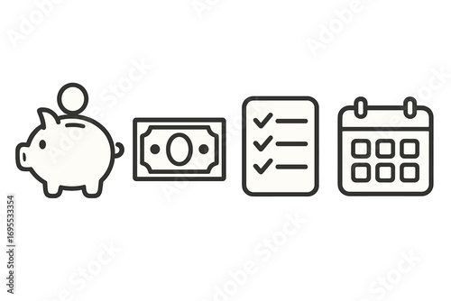 Financial planning concept with minimalist icons. Piggy bank, savings, cash, money, budget checklist, calendar schedule. Vector for finance, investment, and economy.