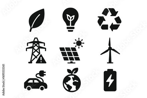 Sustainable technology and green energy solid icons set. Eco-friendly symbols for renewable resources like solar panel, wind turbine, and electric car. Vector pictogram collection.