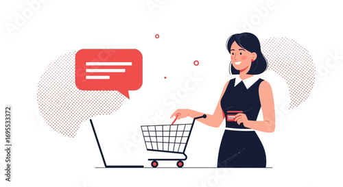 Digital Commerce Illustrated: Woman Shopping Online with Shopping Cart and Credit Card